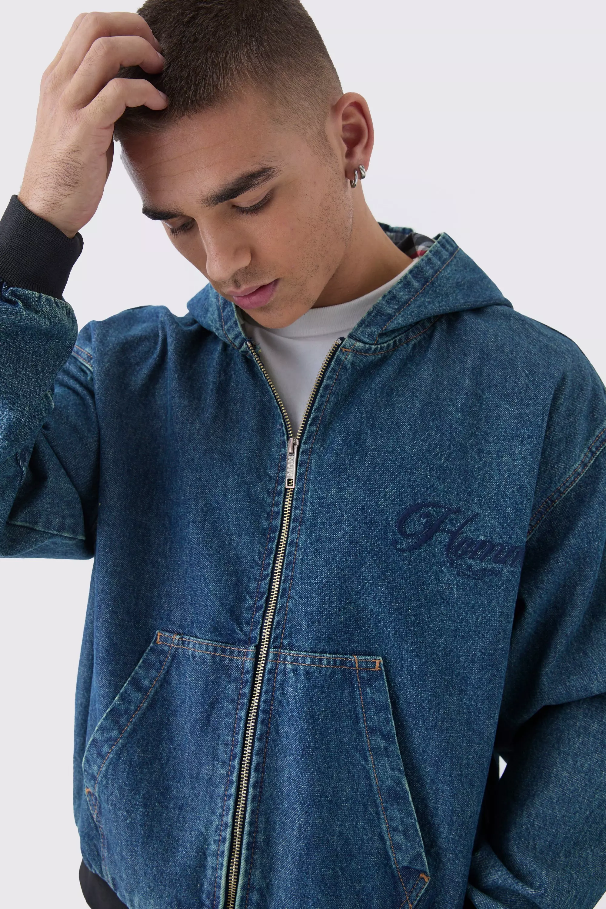 Boxy Denim Embroidered Hoodie | boohooMAN USA